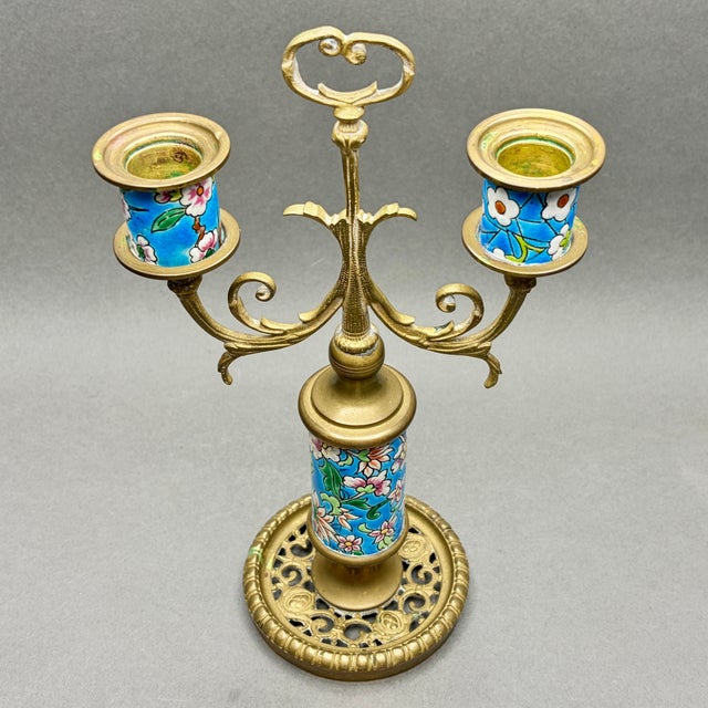 Antique Longwy France 1920s Turquoise Floral Enamel and Brass Two Arm Candelabra For Sale - Image 9 of 12