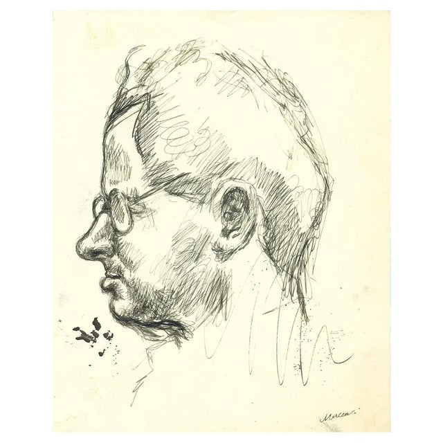 Mino Maccari, Portrait of Man with Glasses, Original Pen Drawing, 1960s For Sale