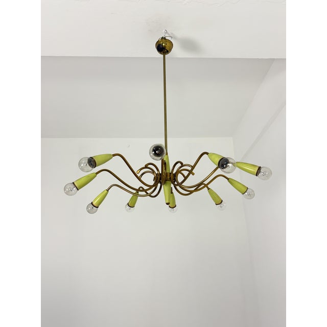 Stilnovo Brass 10-Light Chandelier with Green Cones in the style of Stilnovo, 1950s For Sale - Image 4 of 11