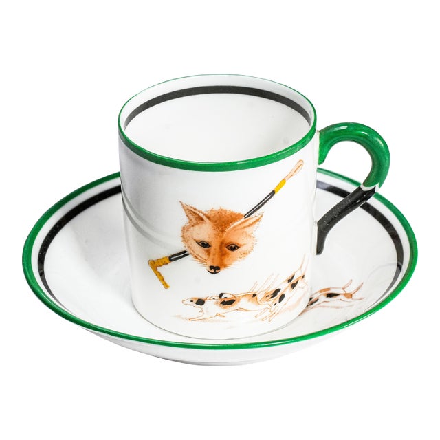 1930s Paragon Porcelain Hand Painted Fox Dogs Hunting Country Life Antique Demitasse Cup and Saucer For Sale