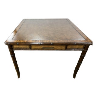 Faux Bamboo, Rattan and Leather Top Game Table by Sligh For Sale
