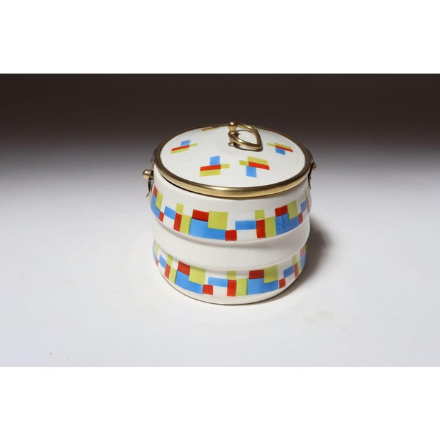 Art Deco German Art Deco Ceramic and Brass Biscuit Tin With Geometric Motif For Sale - Image 3 of 18