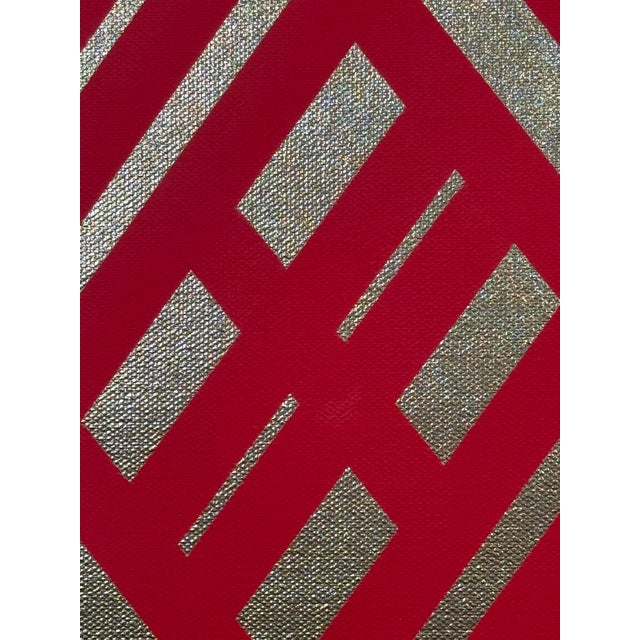 Abstract Geometric Mid-Century Modern Op Art Painting on Canvas “Gold Royal Red” For Sale In Los Angeles - Image 6 of 6