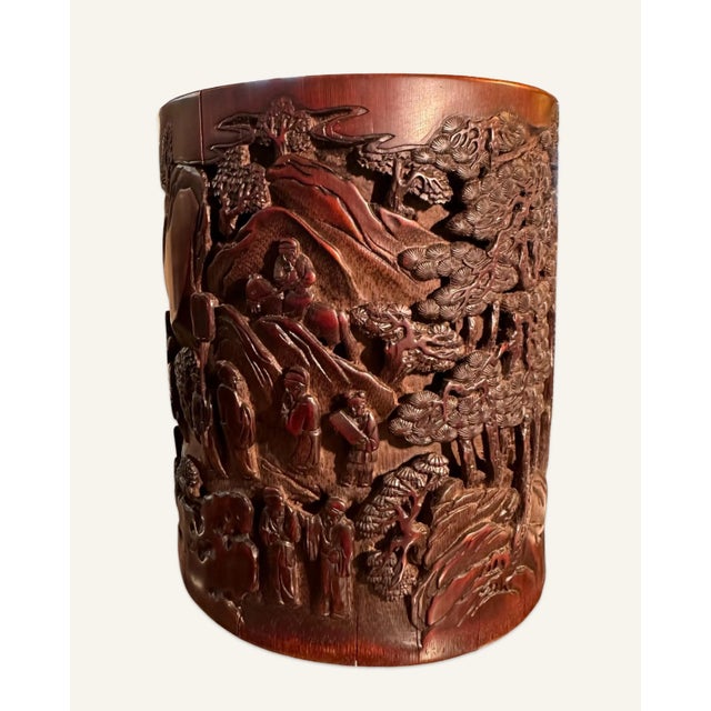 Contemporary Mid 20th Century Chinese Carved and Signed Bamboo Brush Pot For Sale - Image 3 of 11