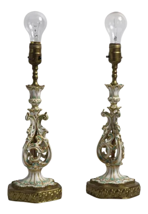 Pr. Porcelain Candlestick Boudoir Lamps Poss. Dresden or Meissen