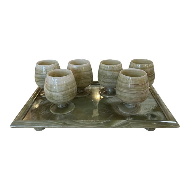 Italian Marble Drink Set With Tray and Six Goblets, 1970s For Sale