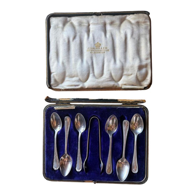 Antique Set Six Spoons and Sugar Tongs Sterling Silver in Original Box J Cameron and Sons For Sale