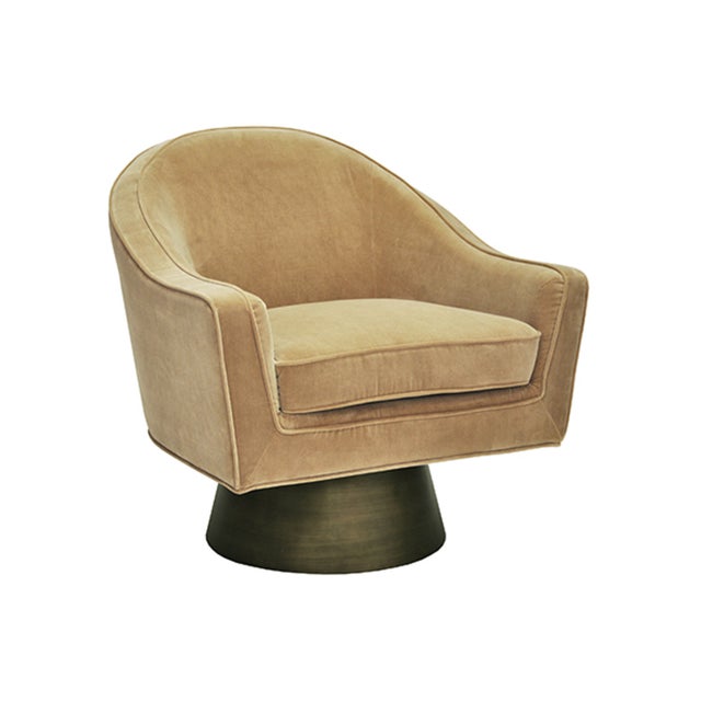 New special order item. Not vintage. This bold, barrel back swivel chair will steal the show. Offered in lux camel velvet...