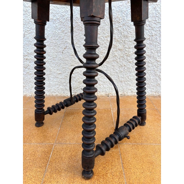 1920s Spanish Baroque Revival Oak Side Table with Barley Twist Legs and Iron Stretcher For Sale - Image 9 of 10