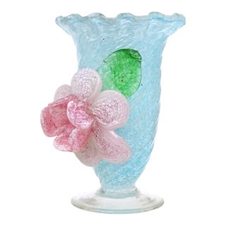 Vintage Murano Blue Swirl Applied Pink Quilted Flower Italian Art Deco Glass Ruffled Rim Footed Vase For Sale