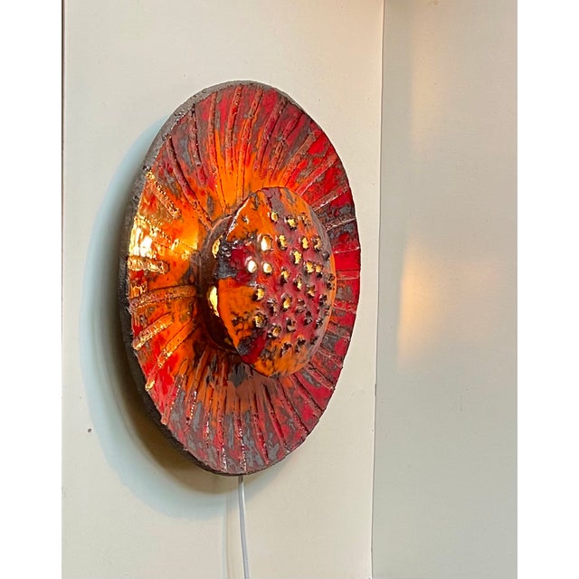 Ceramic Danish Sculptural Sunflower Acid-Glazed Stoneware Wall Sconce, 1970s For Sale - Image 7 of 11