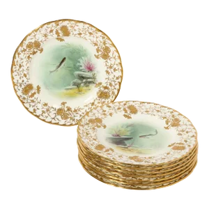Antique Set Eight Hand-Painted Minton Plates Depicting Fish Signed A. Holland