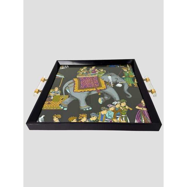 Custom Made by Trouvaille Home Black Tray with Manuel Canovas Fabric in the pattern "Indian Celebration". Acrylic encasing...