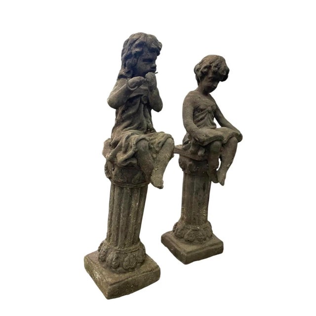 Pair of Vintage European Style Cast Iron Seated Putti Statues on Fluted Pedestals For Sale In West Palm - Image 6 of 12