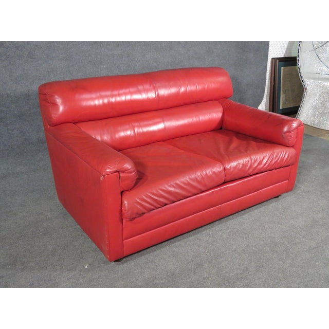 Mid-Century Modern Mid 20th Century Vintage Red Leather Loveseat For Sale - Image 3 of 9