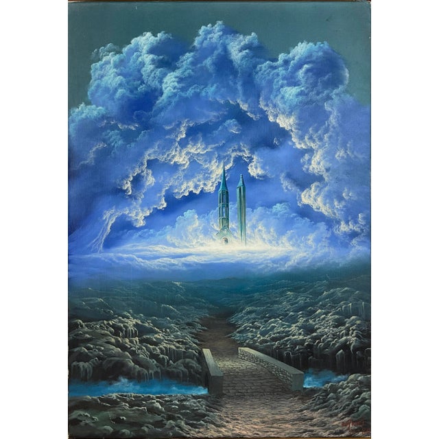 Surrealist Cloudscape Oil on Canvas Painting, Signed Lanci in the Manner of Rene Magritte For Sale In Miami - Image 6 of 7