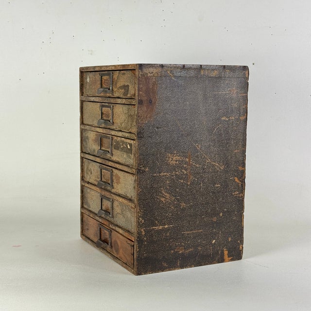 Early 20th Century Early 20th C. Antique Six Drawers Desktop Office Cabinet With Remnant Embossed Patterned Paper Over Wood For Sale - Image 5 of 16