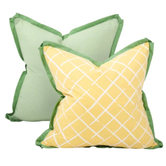 Traditional Pair of 20x20 Yellow/Green Trellis Pattern Pillows For Sale - Image 3 of 3