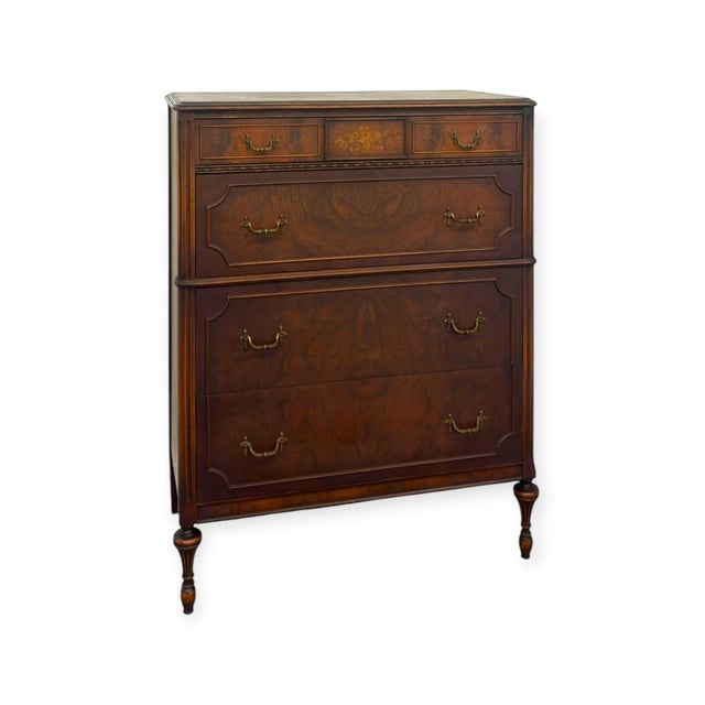 Wood Vintage Traditional Burl Wood Tallboy Dresser With Floral Inlay and Pattern-Lined Drawers. For Sale - Image 7 of 13