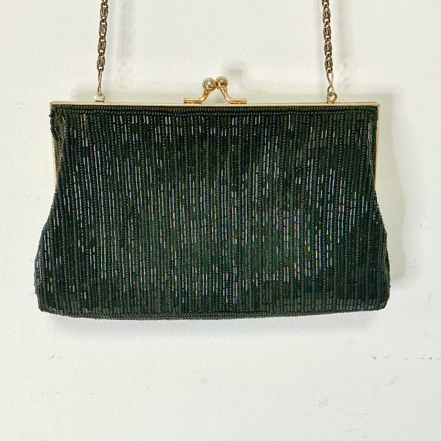 1980s Vintage Art Deco Hollywood Regency Hand Beaded Black Evening Handbag Clutch. For Sale - Image 6 of 11