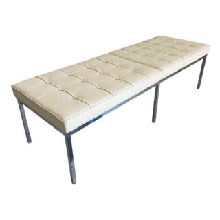 Tufted Cream Leather and Chrome Bench by Florence Knoll for Knoll For Sale