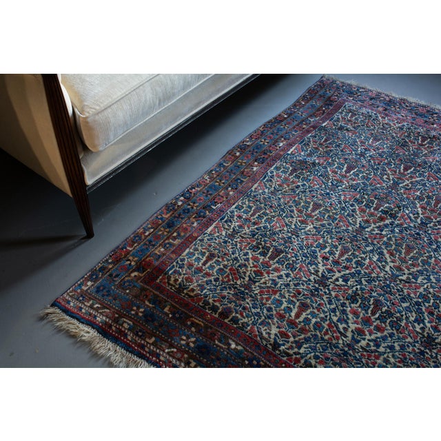 1920s Early 1900s Antique Floral Botanical Allover Ivory Cream Blue Navy Hand Knotted Rug - 4’8” X 6' For Sale - Image 5 of 13