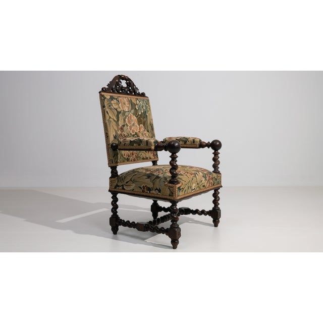 Jacobean Oak Upholstered Armchair with Floral Carving, Antique, France, Circa 1880 For Sale - Image 11 of 13