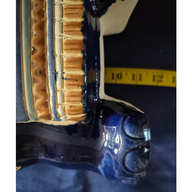 Ceramic Vintage Mid-Century Blue & Cream Glazed Ceramic Elephant Plant Stand / Pedestal For Sale - Image 7 of 8