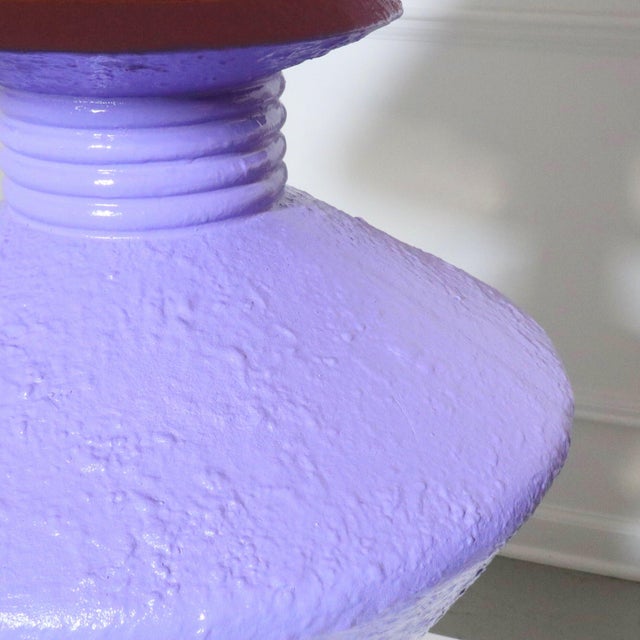 Post modern sculptural textured plaster lamps hand painted in a deep lavender with vintage faux bois shades. Ball finial....