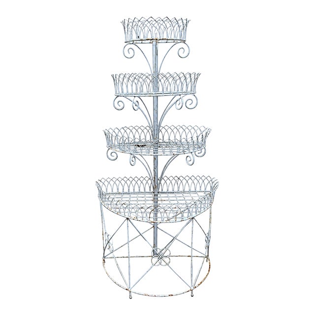 Antique Victorian Four-Tier Painted Wirework Demilune Garden Plant Stand, C. 1900 For Sale