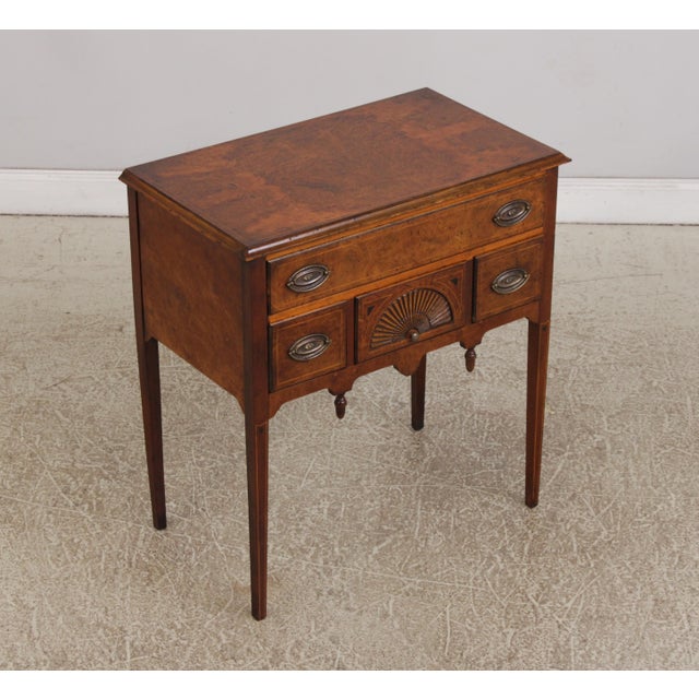 Age: Approx. 40 Years Old Details: Fan Carved Lower Drawer Gorgeous Burl Elm Walnut Finish Tall Tapering Legs Dovetailed...