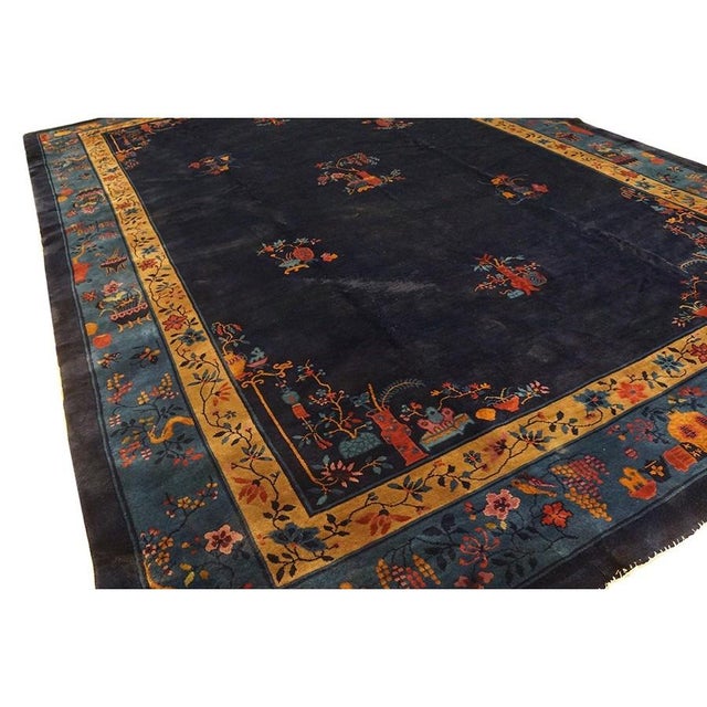 1920s Antique Chinese Art Deco Wool Floral Manchester Blue Hand Knotted Rug For Sale In New York - Image 6 of 9
