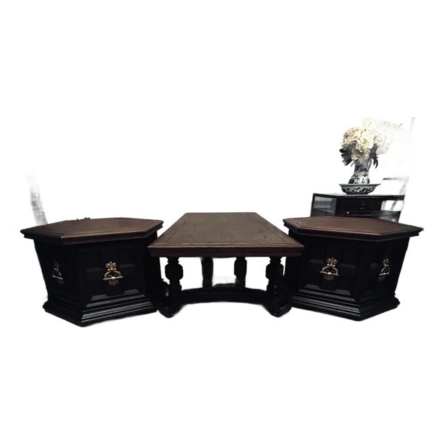 Beautiful Vintage Mediterranean, Brutalist ,Three Piece Coffee Table Set. Rustic/Farmhouse. Custom Hand Painted. For Sale
