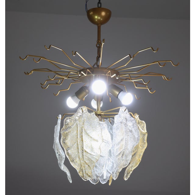 Glass 1970s Art Deco Amazing Large Size Murano Glass Clear and Orange Leaves Chandelier For Sale - Image 7 of 12