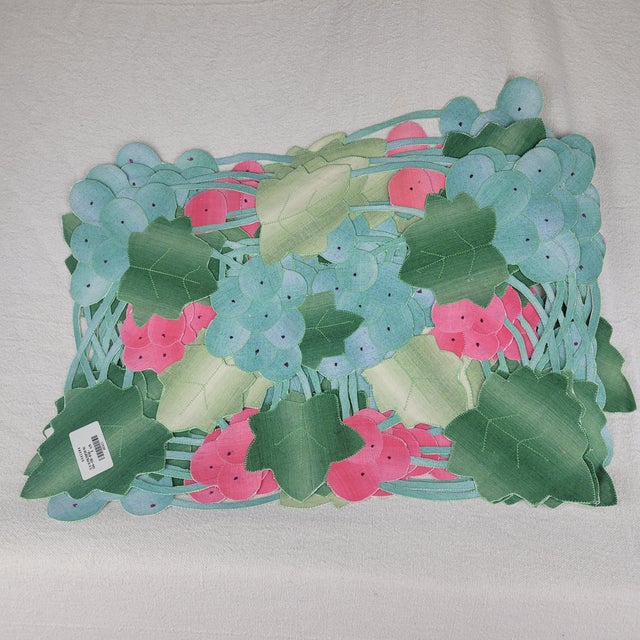 Late 20th Century Khazana Grape Clusters Cutout Placemats Green Pink Blue Polyester New - Set of 8 For Sale - Image 6 of 10