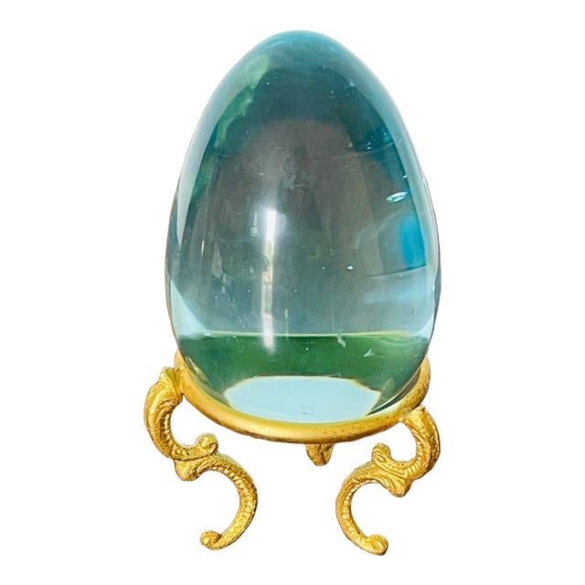 Vintage Blue Glass Egg on Brass Stand For Sale