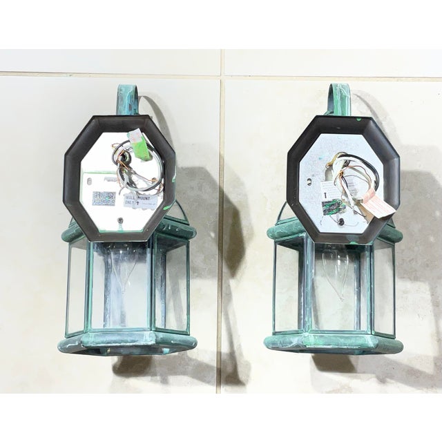 Green Small Pair of Vintage-Style Solid Brass Wall Lanterns Sconces- 12”25 X 6” X6” For Sale - Image 8 of 11