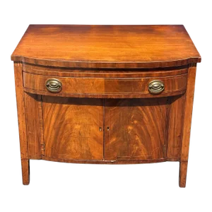 Antique Federal Period Mahogany Bowfront Serving Cabinet With Inlaid Tombstones