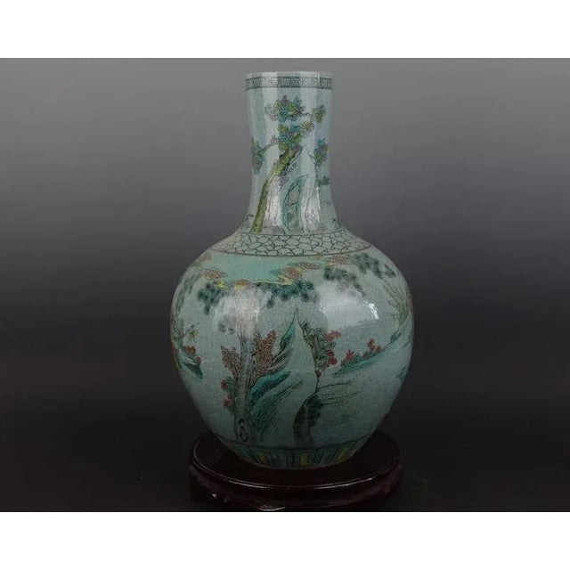 Chinese Vintage Porcelain Vase Qing Dynasty Qianlong Marked Crackle Glaze Famille Verte Porcelain Tianqiu Vase Hand Painted Figures Pattern For Sale In Seattle - Image 6 of 8