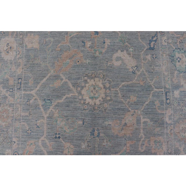 Modern Oushak Rug With in Light Gray Blue Background and All-Over Floral Motifs For Sale - Image 9 of 12