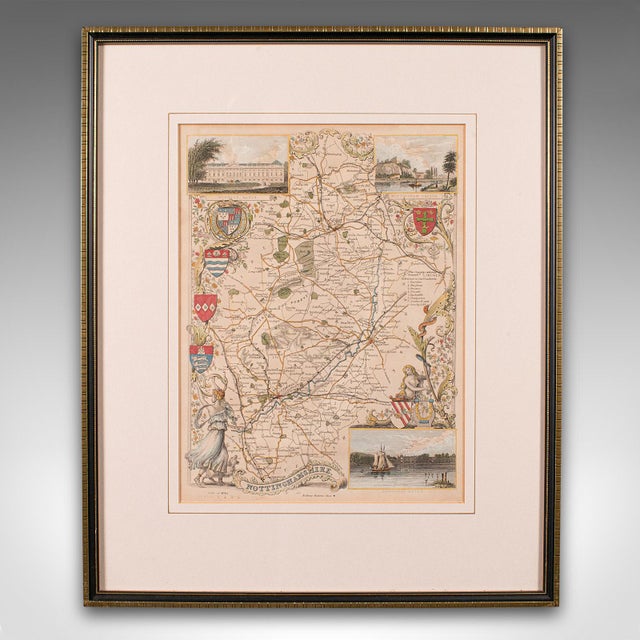 This is an antique lithography map of Nottinghamshire. An English, framed atlas engraving of cartographic interest, dating...