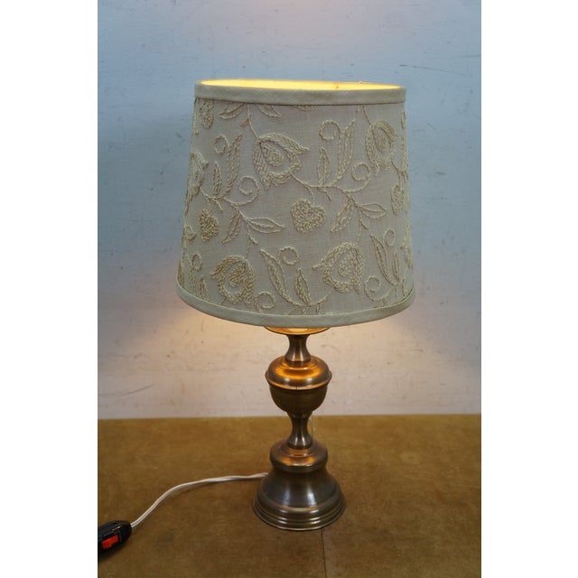 Metal Vintage Brass Colonial Candlestick Crewel Shade Vanity Boudoir Lamp 19" For Sale - Image 7 of 14