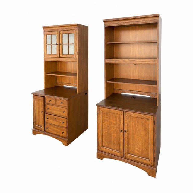 1990s Pair of Cottage Style Oak Hutch Cabinets With Glass Doors For Sale - Image 15 of 18