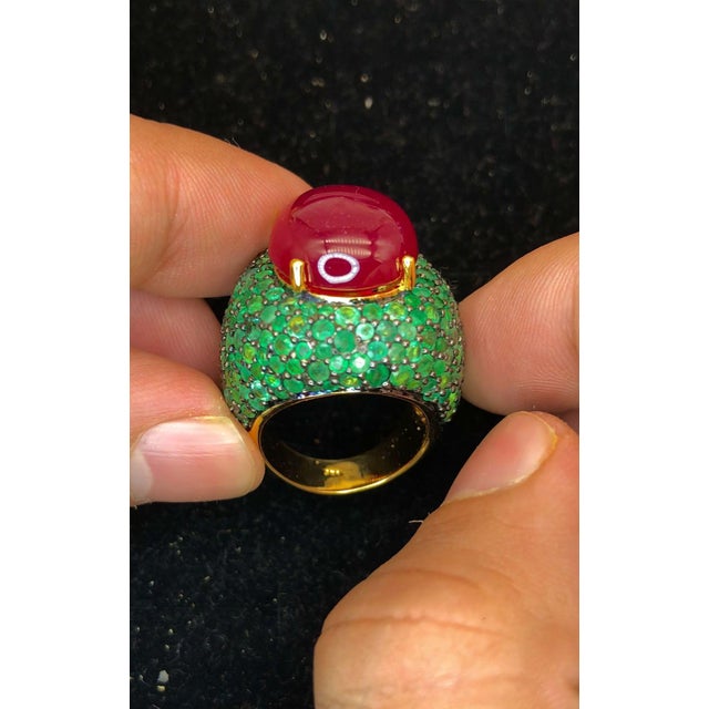 Bochic “Orient” Natural Emerald & Ruby Cocktail Ring Set In 18K Gold & Silver For Sale - Image 9 of 12