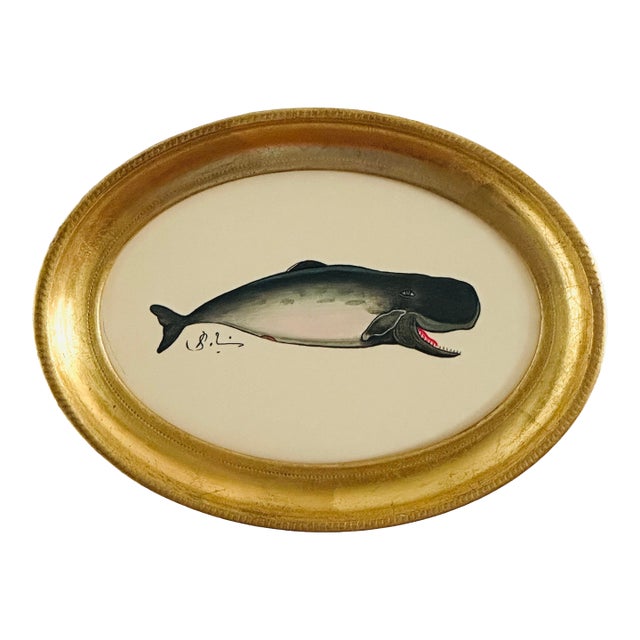Original Hand-Painted Whimsical Baby Whale Painting in a Vintage Italian Gold Frame For Sale