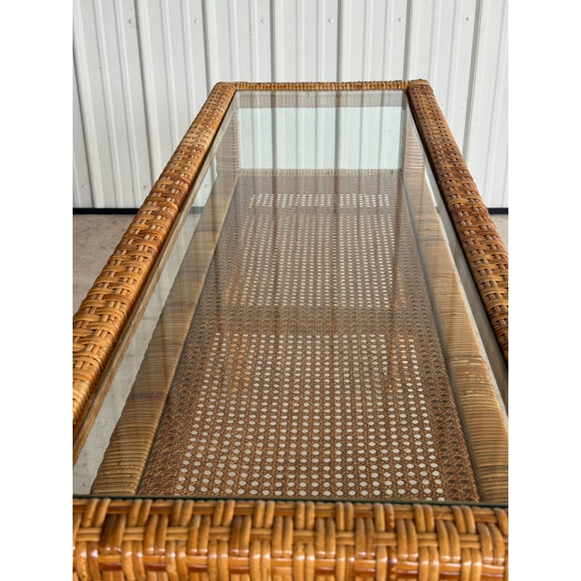 Wood Vintage Coastal Organic Modern Rattan Wrap Console With Cane Insert & Glass For Sale - Image 7 of 12