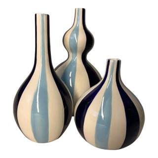 Vintage Jonathan Adler Blue and White Striped 3-Piece Bud Vase For Sale