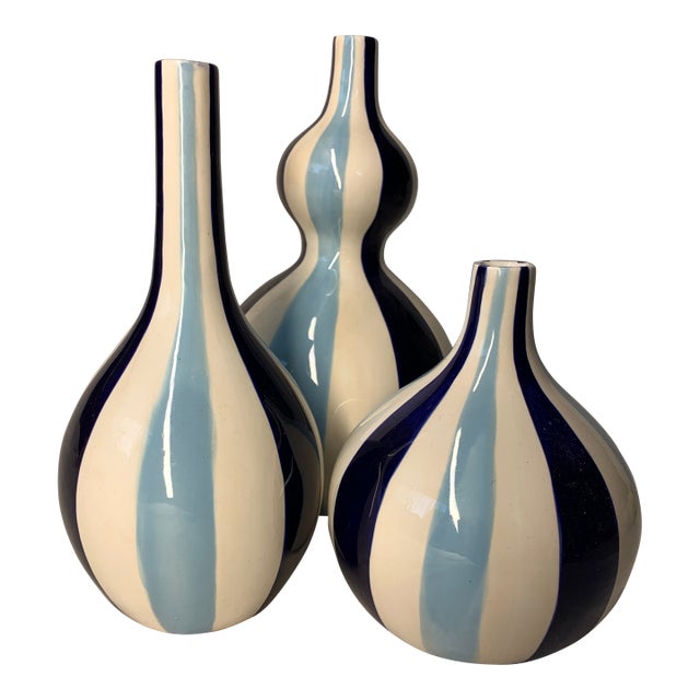 Vintage Jonathan Adler Blue and White Striped 3-Piece Bud Vase For Sale