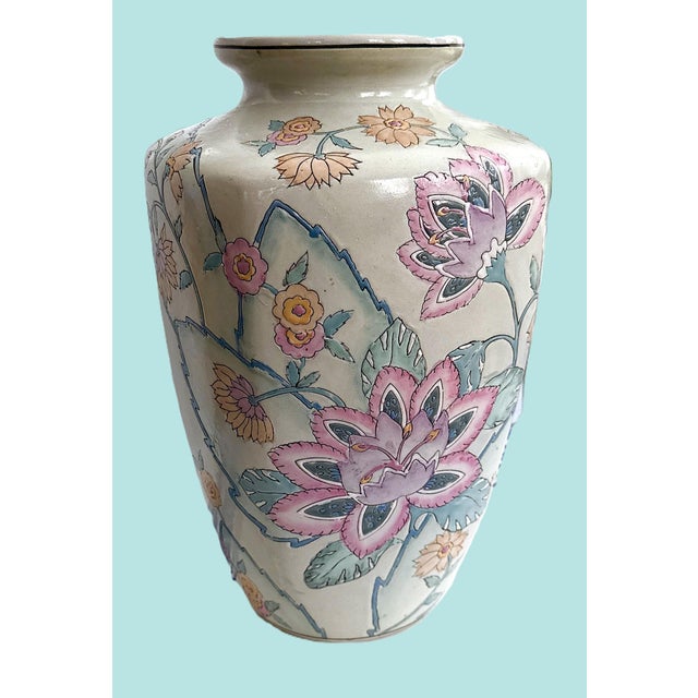 Vintage WBI Chinese Hand Painted Tall Porcelain Glazed Vase with Embossed Raised Floral Design- Made in China This is a...