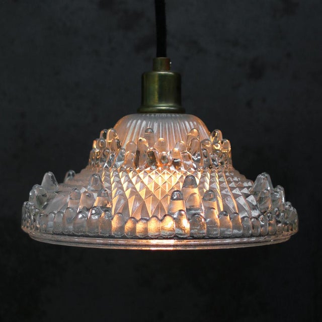 1920 French Art Deco clear, etched glass pendant lamp Brass glass holder 2 meter black cotton flex E14 Up to 250V...